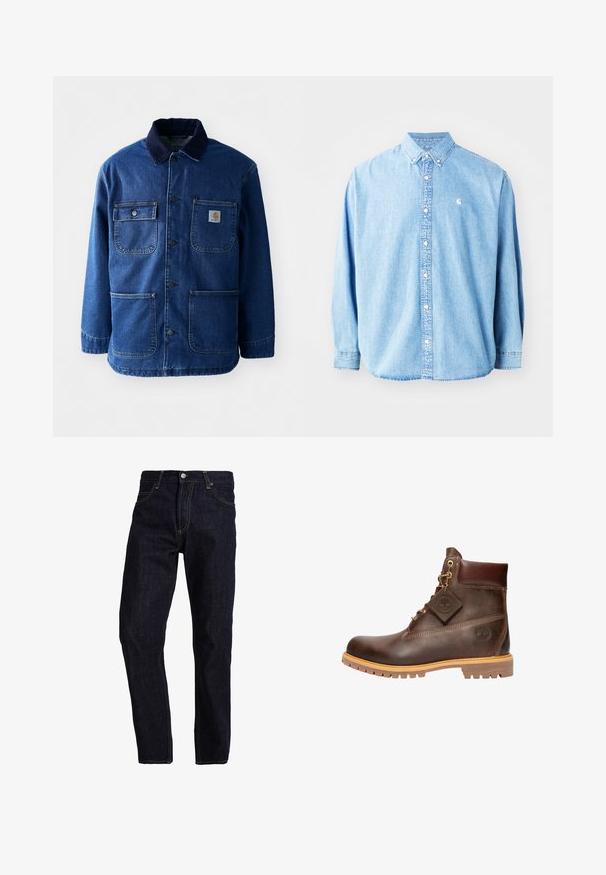 Jeansjacke in Dunkelblau mit einem Cordkragen. Verfügt über vier Taschen, eine Knopfleiste vorne und einen leicht taillierten Saum. Strapazierfähiger Stoff.; Hellblaue Jeanshemd mit langen Ärmeln, spitzem Kragen und kleinem Logo auf der linken Brust. Hat eine lockere Passform und ein klassisches Design.; Dunkelblaue Jeans aus Denim mit geradem Schnitt, ausgestattet mit gelben Nähten, fünf Taschen und einem klassischen Knopf- und Reißverschluss.; Braune Leder-Ankelstiefel mit runder Zehenpartie, robuster Sohle, goldfarbener Hardware und strukturiertem Obermaterial. Enthält ein angehängtes Logo-Tag.