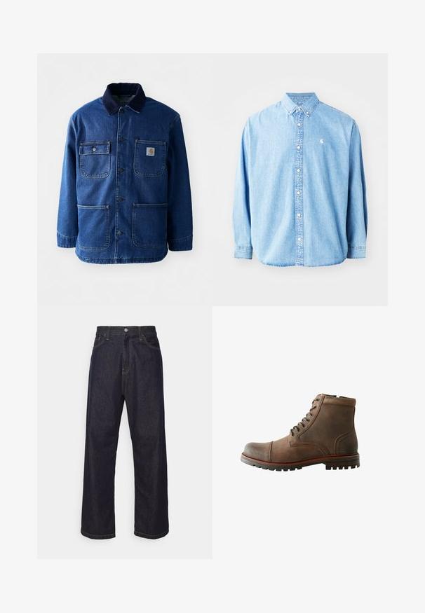 Jeansjacke in Dunkelblau mit einem Cordkragen. Verfügt über vier Taschen, eine Knopfleiste vorne und einen leicht taillierten Saum. Strapazierfähiger Stoff.; Hellblaue Jeanshemd mit langen Ärmeln, spitzem Kragen und kleinem Logo auf der linken Brust. Hat eine lockere Passform und ein klassisches Design.; Dunkelblaue Jeans im geraden Schnitt mit gelben Nähten, Knopfverschluss, Reißverschluss und Fünf-Taschen-Design.; Braune Lederknöchelstiefel mit abgerundeter Spitze, gepolstertem Kragen, Schnürung mit sechs Ösen und strukturiertem Gummisohle. Genähte Akzente an den Seiten.