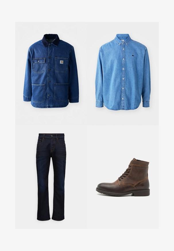 Denimjakke i mørkeblå med en kordfløjlskrave. Har fire lommer, knaplukning foran og en let indsnævret kant. Holdbart stof.; Denim button-down skjorte, lyseblå i farven, med krave, lange ærmer og et lille logo på brystet. Har hvide knapper og syninger.; Mørkeblå denim jeans med lige ben, fem lommer og kontraststing. Materialet har en glat, vævet tekstur.; Jack & Jones JFWDELANEY BOOT - Snørestøvletter - cognac