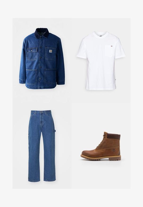 Denimjakke i mørkeblå med en kordfløjlskrave. Har fire lommer, knaplukning foran og en let indsnævret kant. Holdbart stof.; Hvid bomulds t-shirt med rund halsudskæring, korte ærmer og en brystlomme med et lille mærke-logo på venstre side.; Blå denimjeans i en afslappet pasform med lige ben, har for- og baglommer samt knaplukning i taljen.; Brun læder vandrestøvle med en glat finish, polstret ankel, metalliske snørehuller og en gummisål med et robust dækmønster.