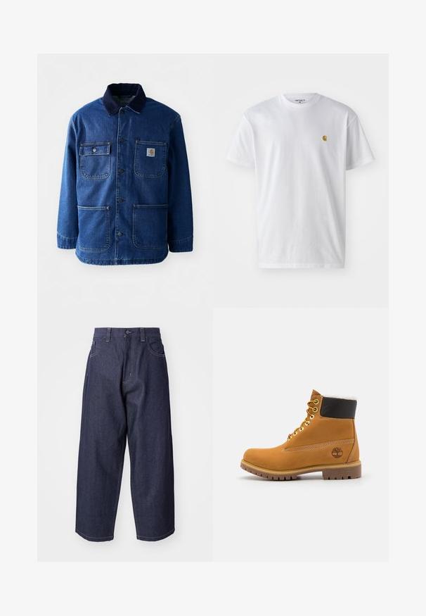 Jeansjacke in Dunkelblau mit einem Cordkragen. Verfügt über vier Taschen, eine Knopfleiste vorne und einen leicht taillierten Saum. Strapazierfähiger Stoff.; Weißes Baumwoll-T-Shirt mit kurzen Ärmeln, Rundhalsausschnitt, mit einem kleinen goldenen Logo im linken Brustbereich. Weicher Stoff und normale Passform.; Dunkelblaue Denim-Jeans mit einem lockeren, weiten Schnitt. Zu den Merkmalen gehören ein Knopfverschluss, Fronttaschen und sichtbare Nähte.; Braune Leder-Ankle-Boots mit Metallösen, weißem Kunstfellfutter, schwarzem gepolstertem Kragen, robustem Sohlenprofil und geprägtem Logo an der Seite.