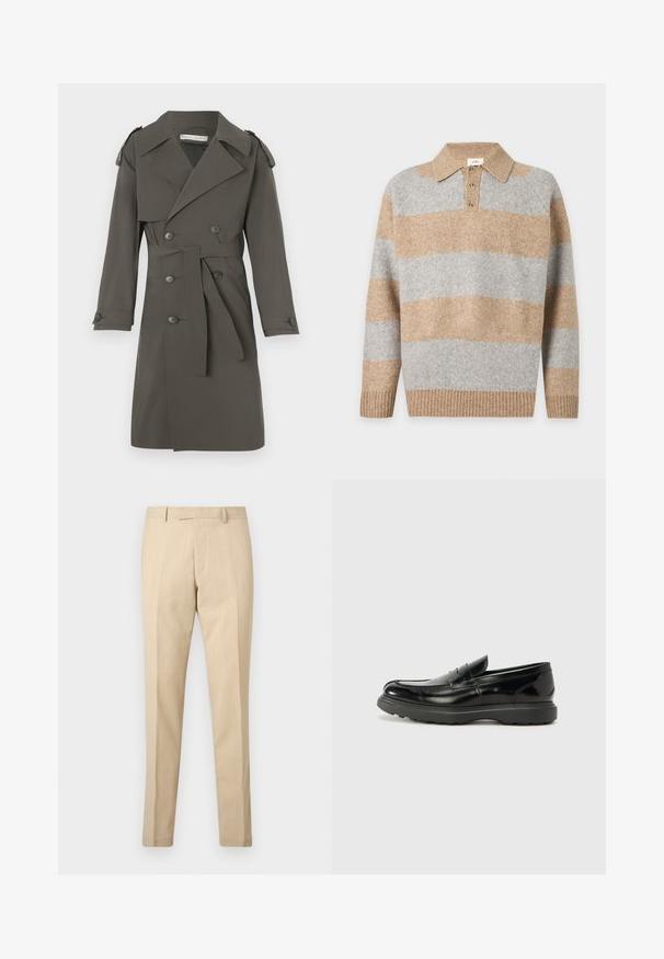 Trench-coat gris en tissu léger, doté de boutons croisés, d'une ceinture à la taille et d'épaulettes sur les épaules.; Pull polo en maille à manches longues avec larges rayures horizontales beige et grises, poignets et ourlet côtelés, et trois boutons à l'avant.; Pantalon beige pour homme, coupé sur mesure, avec passants pour ceinture, pli devant et fermeture éclair cachée, présenté sur un fond blanc uni.; Mocassin en cuir noir avec une finition brillante, bout arrondi, détails de couture subtils et semelle en caoutchouc épaisse pour la durabilité.
