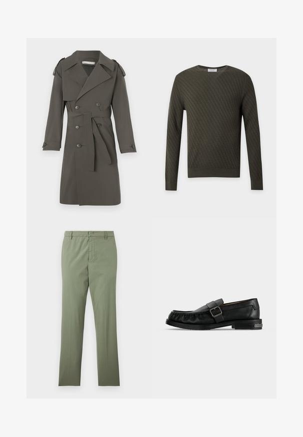 Trench-coat gris en tissu léger, doté de boutons croisés, d'une ceinture à la taille et d'épaulettes sur les épaules.; Pull en maille vert foncé à manches longues avec un motif chevron texturé subtil et un col rond sur un fond uni.; Pantalon droit vert olive avec passants de ceinture, fermeture éclair à l’avant et poches, présenté sur un fond blanc uni.; Mocassin en cuir noir avec une bride à boucle, détails cousus autour de la pointe, et un petit talon avec un accent métallique.