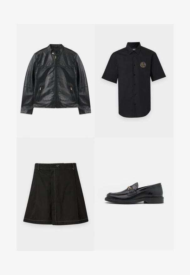 Zwarte leren jas met staande kraag, rits aan de voorkant, drukknoopsluiting bij de nek en twee verticale ritszakken aan de zijkant.; Zwart kort mouwtje overhemd met knopen en een puntige kraag, met een ronde Versace Jeans Couture-logo patch op de linkerborst.; Zwarte A-lijn rok met witte contrasterende stiksels, ceintuurlussen en een klein kruisend hamerlogo in het midden aan de voorkant van de tailleband.; Zwarte leren instappers met een ronde neus, voorzien van een gouden hardware accent en stikdetails, geplaatst op een lage, getextureerde rubberen zool.