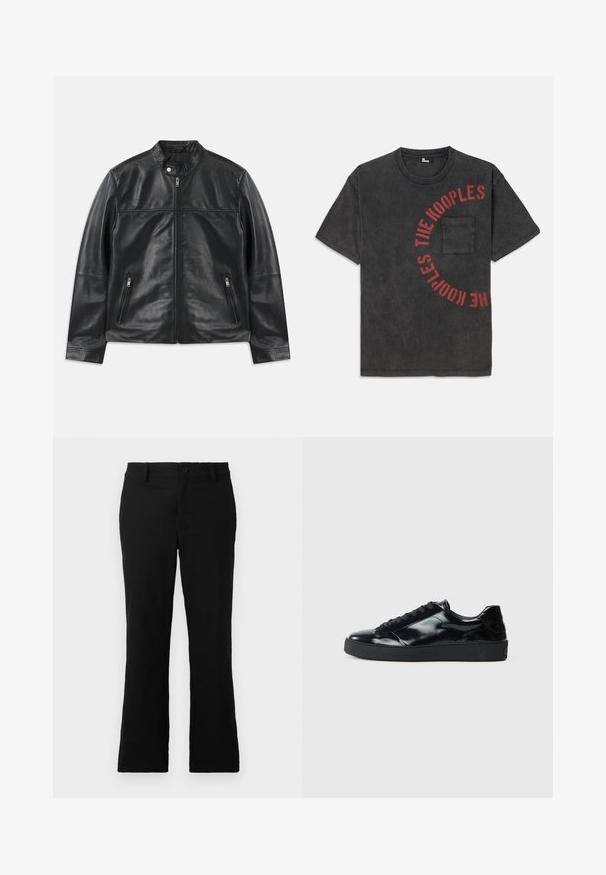 Sort læderjakke med ståkrave, frontlynlås, trykknaplukning ved halsen og to lodrette lynlåslommer.; Sort bomulds T-shirt med en rund grafisk tekst i rød, der står "THE KOOPLES", med en frontlomme og en afslappet pasform.; Sorte flagrende bukser lavet af en blanding af bomuldsstof, med knaplukning, bælteløkker og en glat tekstur uden synlige mønstre.; Sorte laklæder sneakers med rund tå, snørredesign, tekstureret gummisål og en glat overflade.