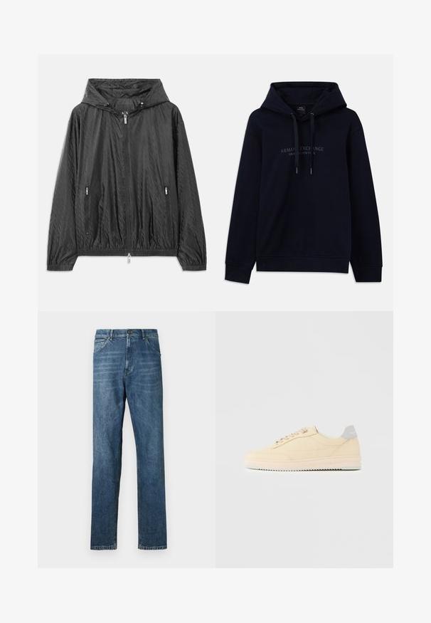 Sort quiltet letvægtsjakke med hætte, frontlynlås og to sidelommer med lynlås. Har elastiske manchetter og nederste kant.; Marineblå hoodie med snoretræk og "Armani Exchange Milano / New York" trykt på brystet, med ribbede manchetter og kant.; Mørkeblå denim jeans med lige ben, fem-lomme design, synlig syning og en klassisk knaplukning. Let vaskeeffekt på stoffet.; Beige lavtop sneaker med snørelukning foran, lyserød sål og grå hællap med mærket "Filling Pieces", vist i profil på ensfarvet baggrund.