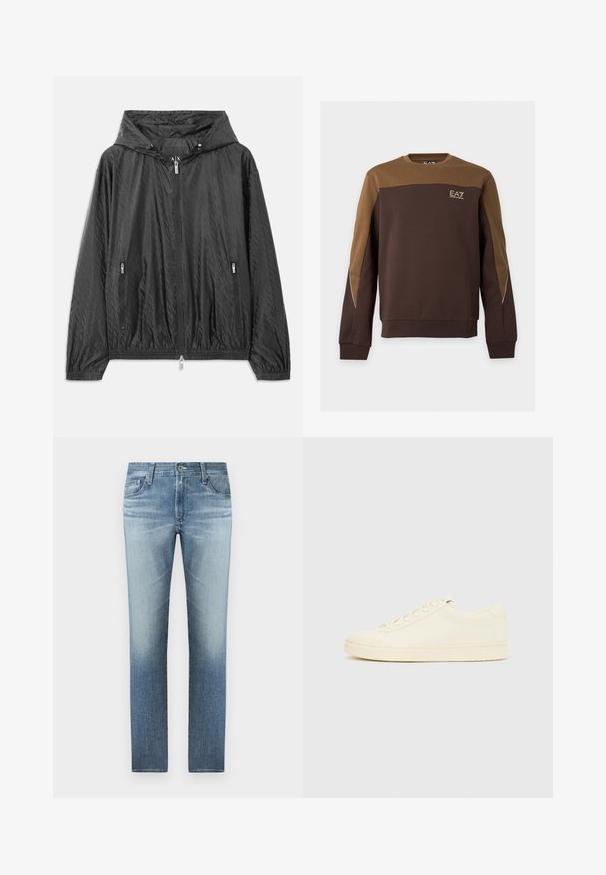 Veste légère matelassée noire avec capuche, fermeture éclair à l'avant et deux poches latérales zippées. Dispose de poignets élastiques et d'un ourlet inférieur élastique.; Sweat-shirt marron et beige à manches longues avec col rond, détail passepoil sur les manches et petit logo EA7 Emporio Armani sur la poitrine.; Jeans en denim bleu clair avec une coupe droite, dotés d'un délavage, de cinq poches et d'une fermeture éclair avec un bouton en métal.; Baskets couleur crème avec une tige en cuir lisse, bout arrondi, laçage à l'avant et semelle en caoutchouc texturée. Design minimaliste, sans logo.