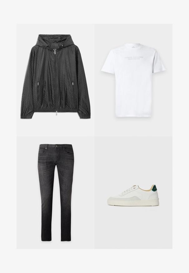Sort quiltet letvægtsjakke med hætte, frontlynlås og to sidelommer med lynlås. Har elastiske manchetter og nederste kant.; Hvid bomulds T-shirt med rund halsudskæring, korte ærmer og prægede "ARMANI EXCHANGE MILANO/NEW YORK" logo på fronten.; Sorte slim fit cowboybukser med fem lommer og knaplukning, vist fladt mod en lys baggrund.; Hvide sneakers med ruskindsdetaljer, rund tå, flade snørebånd og en cremet gummisål. Har grøn branding på hælen.