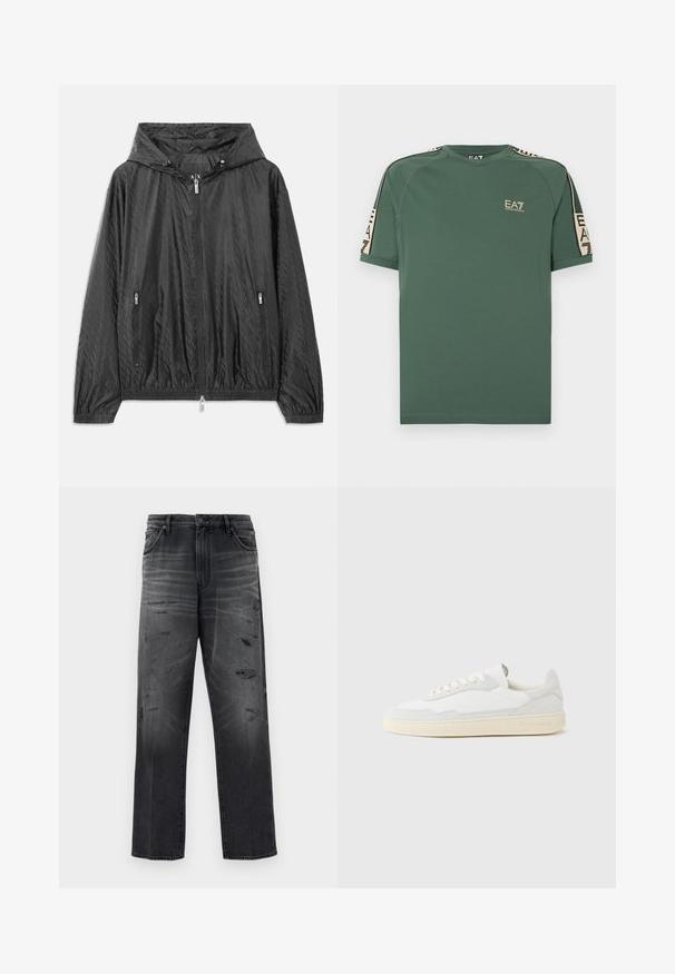 Chaqueta ligera acolchada negra con capucha, cierre frontal con cremallera y dos bolsillos laterales con cremallera. Presenta puños elásticos y dobladillo inferior.; Camiseta verde de manga corta EA7 Emporio Armani con cinta beige con marca en los hombros y las mangas, logo en el lado izquierdo del pecho.; Jeans de mezclilla negra con un corte relajado, que presentan un diseño desgastado y parches rasgados. Estilo estándar de cinco bolsillos y cierre de botón.; Zapatilla blanca con parte superior texturizada de ante y cuero. Presenta una puntera redondeada, cierre con cordones y suela de goma beige contrastante.