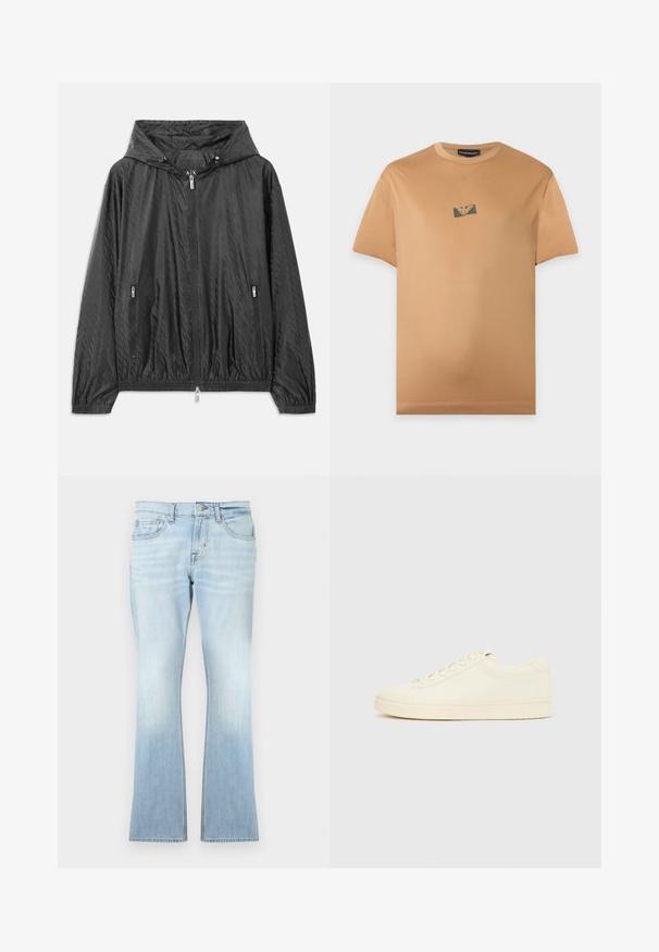 Sort quiltet letvægtsjakke med hætte, frontlynlås og to sidelommer med lynlås. Har elastiske manchetter og nederste kant.; Lysebrun kortærmet T-shirt med lille sort og guld logo centreret på brystet mod en ensfarvet lys baggrund.; Lyseblå vidde jeans lavet af denim. Har fem lommer, knap- og lynlås-lukning, med falmning mod kanten.; Sneaker i cremefarve med en glat læderoverdel, rundet tå, snørelukning foran og en tekstureret gummisål. Minimalistisk design uden logoer.