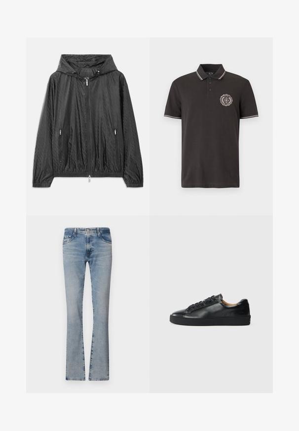 Sort quiltet letvægtsjakke med hætte, frontlynlås og to sidelommer med lynlås. Har elastiske manchetter og nederste kant.; Sort kortærmet polo-shirt med tre knapper, hvid kant ved krave og ærmer samt en rund logo-patch på venstre bryst.; Lyseblå denimflarebukser med mellemhøj talje, fem lommer og en falmet finish, med lynlås og metalknaplukning.; Sorte lædersneakers med en glat overflade, rund tå og snørebåndslukning. Har en tyk gummisål og minimal branddetalje.