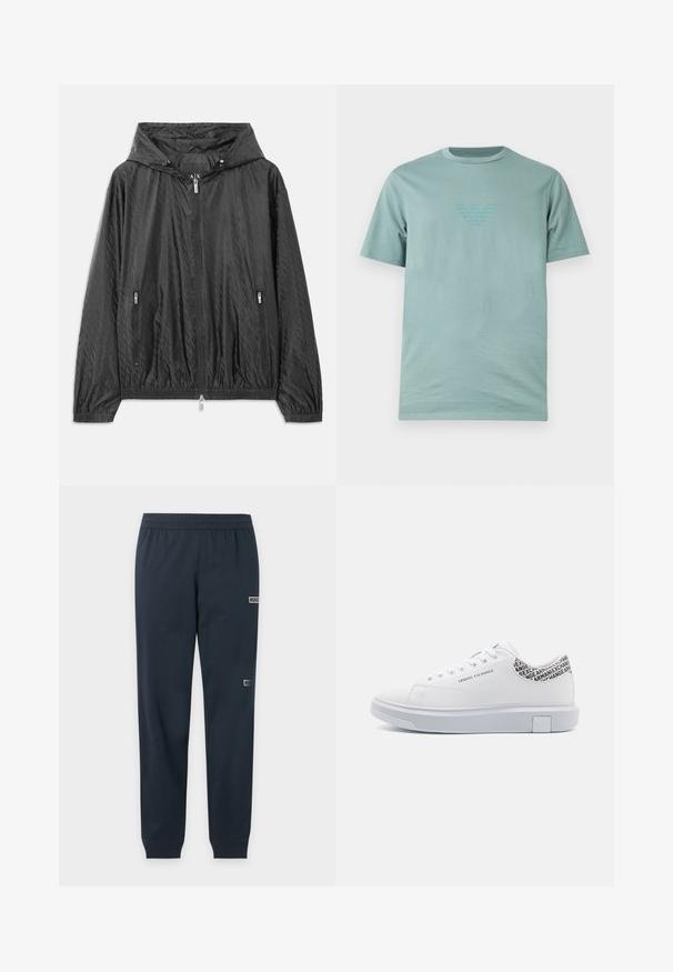Zwarte gewatteerde lichtgewichtjas met een capuchon, sluiting met een rits aan de voorkant en twee zijzakken met rits. Voorzien van elastische manchetten en een elastische onderzoom.; Licht turquoise T-shirt met korte mouwen en ronde hals, voorzien van een subtiel geperst logo in het midden van de borst.; Navy blauwe slim-fit sweatpants met elastische tailleband en boorden, met twee kleine EA7 Emporio Armani logopatches op het rechterbeen.; Witte sneakers met een glad leren bovenwerk van synthetisch materiaal, ronde neus en platte witte rubberen zool. De achterkant heeft een zwart tekstpatroon met "Armani Exchange."