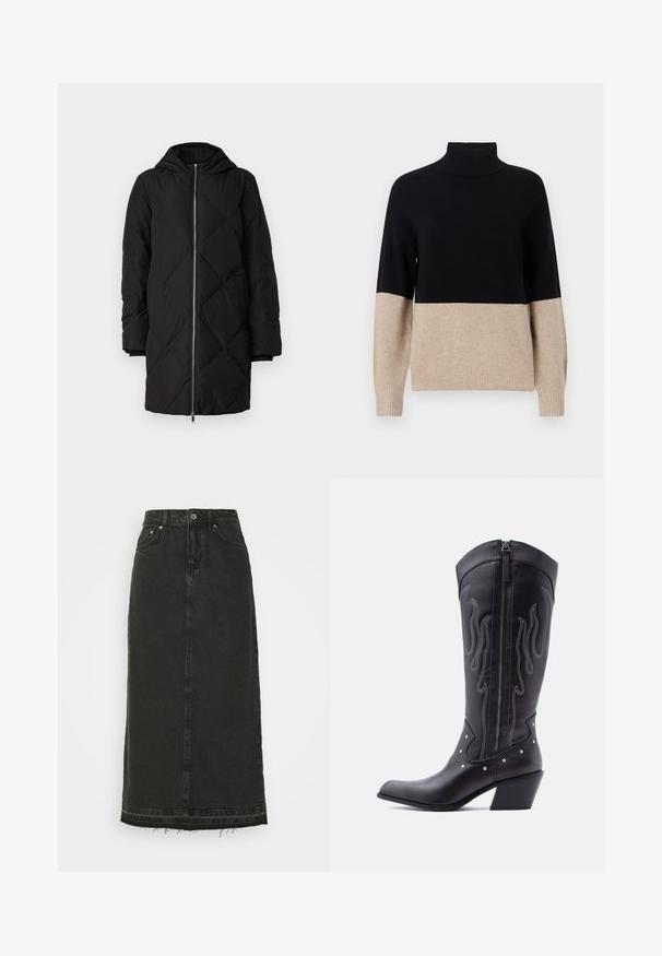 Sort quilted pufferjakke med hætte, der har en frontlynlås, lange ærmer og diamantmønster syning.; Sort og beige strikket turtleneck sweater med ribbet tekstur, farveblokering og lange ærmer. Lige kant.; Sort denim midi-nederdel med en tætsiddende talje, frontknaplukning og frynset kant. Har klassisk fem-lomme-design og let struktur.; Sorte cowboystøvler i læder med spids tå, synlige sømme, sølvfarvede nitte-detaljer og lynlås på den indvendige side.