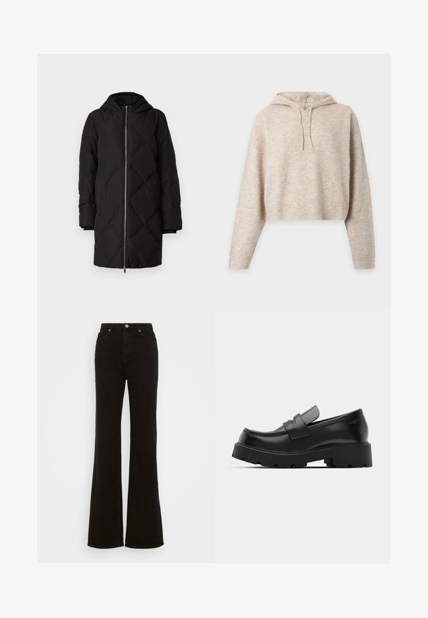 Sort quilted pufferjakke med hætte, der har en frontlynlås, lange ærmer og diamantmønster syning.; Beige strikket cropped hættetrøje med lange ærmer og snore, vist på en ensfarvet lys baggrund.; Høj talje sorte flare jeans lavet af denim, med knaplukning, sidelommer og en glat tekstur.; Sorte læder loafers med en chunky tekstureret sål, der har en rem over vamps og en glat, poleret finish.