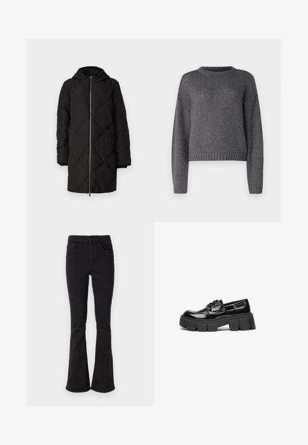 Manteau en duvet noir matelassé avec une capuche, comportant une fermeture éclair à l'avant, des manches longues et un surpiquage en forme de losange.; Pull en tricot gris avec un col rond, des manches longues et un ourlet côtelé. Présente un tissage texturé, légèrement lâche sur l'ensemble.; Jean flare en denim noir à taille haute, avec cinq poches et une fermeture robuste à bouton. Texture lisse avec une légère élasticité.; Mocassin en cuir verni noir avec une semelle plateforme épaisse noire et des œillets décoratifs. Texture lisse avec un bout arrondi et un détail de lacets.