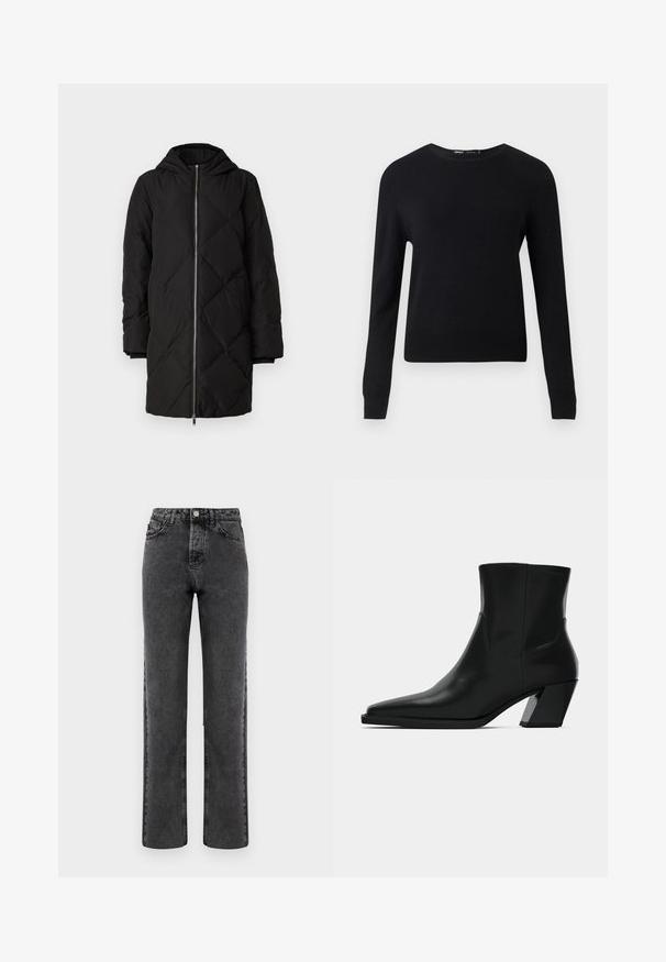 Manteau en duvet noir matelassé avec une capuche, comportant une fermeture éclair à l'avant, des manches longues et un surpiquage en forme de losange.; Pull noir à manches longues avec col rond, poignets et bas côtelés, présenté sur un fond gris clair uni.; Jeans droit en denim gris avec une finition délavée, design à cinq poches et fermeture à bouton. Présente une couture classique le long des coutures.; Bottine en cuir noir avec un bout pointu, une silhouette élégante et un talon carré massif. Texture lisse avec des détails de couture minimalistes.