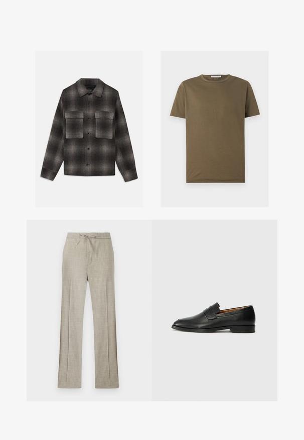 Veste à carreaux noir et gris foncé, à boutonner, avec un col pointu et deux grandes poches à rabat sur la poitrine, manches longues et ourlet droit.; T-shirt vert olive à manches courtes avec col rond, ourlet droit et petite étiquette à l'intérieur du col au dos.; Pantalon beige en mélange de lin avec fines rayures blanches discrètes, taille à cordon et jambes droites.; Mocassin en cuir noir avec un bout arrondi, des coutures subtiles et un talon bas, présentant une texture lisse et un design minimaliste.
