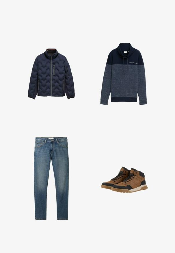 Chaqueta acolchada de color azul marino con cuello alto, cremallera frontal, tres bolsillos con cremallera y puños elásticos sobre un fondo blanco.; Sudadera azul marino con cuello de embudo, textura acanalada y un diseño moteado. Incluye cordones y la marca #OFFTRACK TOM TAILOR.; Jeans de denim azul con un corte recto clásico, diseño de cinco bolsillos, desgastes sutiles y costuras en contraste. Textura suave y tejido duradero.; Zapatos de caña alta marrones con parte superior de cuero, detalles en malla negra, suela de goma y un acabado texturizado en los laterales. Diseño con cordones.