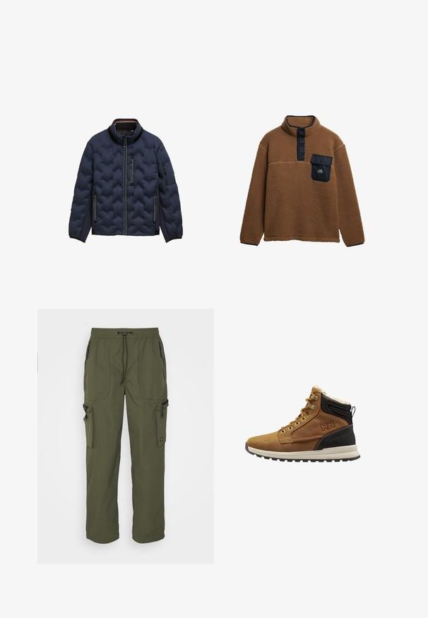 Marineblauwe gewatteerde jas met hoge kraag, voorrits, drie met rits sluitbare zakken en elastische manchetten op een witte achtergrond.; Bruine fleece pullover met hoge kraag, drukknoopsluiting en een marineblauwe borstzak. Getextureerde stof en een relaxed fit met zwarte accenten bij de manchetten.; Olijfgroene cargobroek van lichtgewicht stof, met een elastische tailleband, striksluiting en meerdere met rits gesloten zakken.; Bruine leren enkelboot met een nepbont kraag, zwarte accenten, gouden oogjes, textured zijpanelen, en een rubberen zool met een profiel.