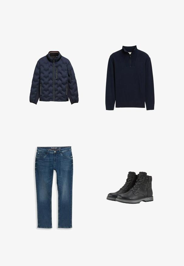 Marineblauwe gewatteerde jas met hoge kraag, voorrits, drie met rits sluitbare zakken en elastische manchetten op een witte achtergrond.; Marineblauwe pullover trui met een kwart-rits bij de hals, geribbelde kraag en manchetten, gemaakt van een zachte gebreide stof, met een textuur aan de voorkant.; Donkerblauwe jeans met rechte pijpen van denim. Heeft voorzakken en een ritssluiting, met subtiele vervagingen en stikseldetails op de tailleband.; Zwarte leren laarzen met een vetersluiting en een zijrits, voorzien van een gevoerde enkel en een robuuste rubberen zool. Versterkte stiksel-details.