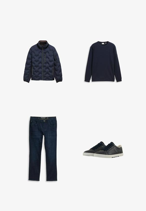 Mørkeblå quilted jakke med høj krave, frontlynlås, tre lynlåslommer og elastiske manchetter på en hvid baggrund.; Marineblå sweatshirt med tekstureret stof, rund halsudskæring, raglanærmer og ribbede manchetter og kant. Har et lille accentmærke på ærmet.; Mørkeblå straight-leg jeans med forlommer, knap- og lynlås-lukning, størrelse 32 fra Tom Tailor mærket.; Marine læder sneakers med hvide gummisåler, rund tå og sorte snørebånd. Subtile teksturer og branding på siderne. Casual design.