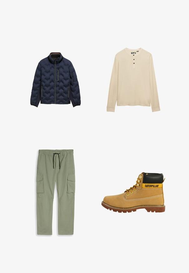 Chaqueta acolchada de color azul marino con cuello alto, cremallera frontal, tres bolsillos con cremallera y puños elásticos sobre un fondo blanco.; Camisa henley beige de manga larga con tres botones oscuros en la tapeta y cuello redondo.; Pantalones cargo verde claro con cintura elástica, cordón negro y grandes bolsillos con solapa en ambos muslos, extendidos sobre fondo blanco.; Bota de cuero marrón con un cuello negro, acentos amarillos, ojales dorados y una suela robusta. Presenta una costura lateral y un detalle de costura en contraste.