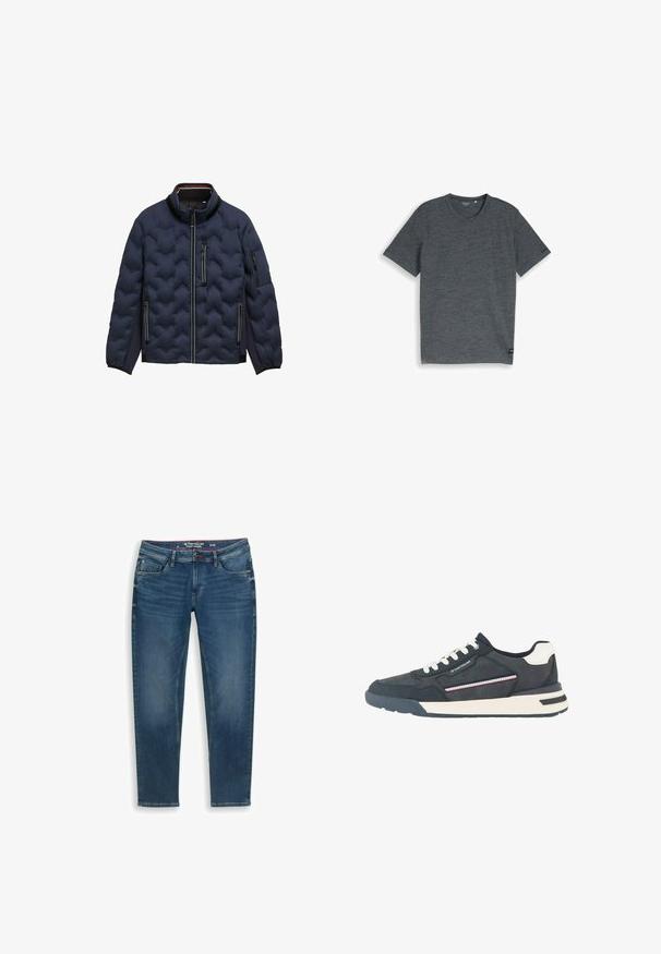 Chaqueta acolchada de color azul marino con cuello alto, cremallera frontal, tres bolsillos con cremallera y puños elásticos sobre un fondo blanco.; Camiseta de cuello redondo y manga corta en gris oscuro con una textura jaspeada sutil y una pequeña etiqueta negra cerca del dobladillo inferior sobre un fondo blanco.; Vaqueros azules de corte estrecho con bolsillos delanteros, cierre de botones y un sutil desgaste en los muslos, colocados planos sobre un fondo blanco.; Zapatilla deportiva para hombre en azul marino y blanco con cordones blancos, puntera perforada, detalle de rayas en el lateral y acento de marca en el panel lateral.