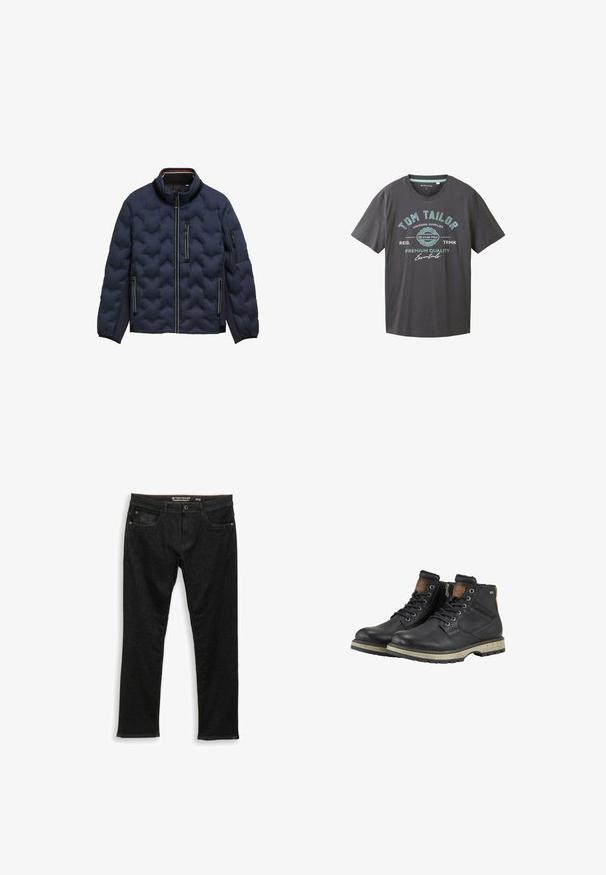 Marineblauwe gewatteerde jas met hoge kraag, voorrits, drie met rits sluitbare zakken en elastische manchetten op een witte achtergrond.; Grijze katoenen t-shirt met ronde hals; voorzien van turquoise zeefdruk tekst en logo; korte mouwen, rechte zoom en een ontspannen pasvorm.; Zwarte jeans met rechte pijpen van denim. Voorzien van vijf zakken, een ritssluiting en zichtbare stiksels langs de naden. Maatlabel: 31/32.; Zwarte leren veterschoenen tot de enkel met beige rubberen zolen, een zijrits en bruine accenten op de kraag en tong.