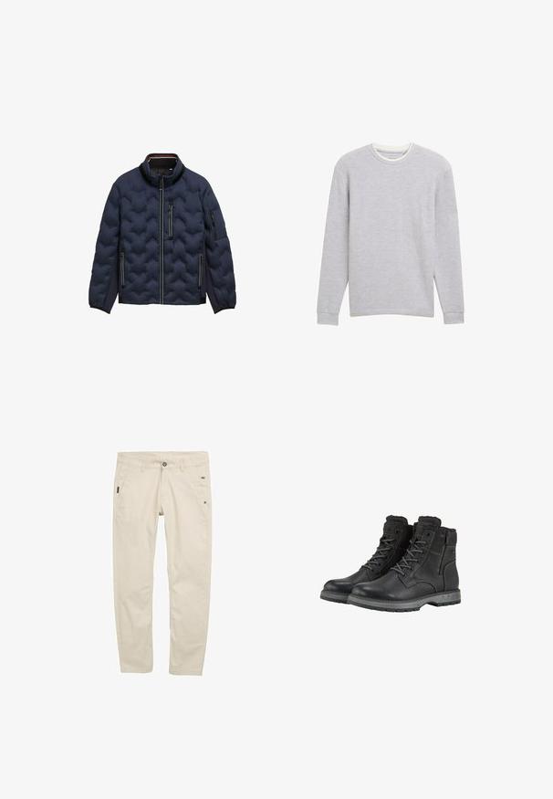 Marineblauwe gewatteerde jas met hoge kraag, voorrits, drie met rits sluitbare zakken en elastische manchetten op een witte achtergrond.; Langsleeve geribbelde sweatshirt in lichtgrijs met een ronde hals en een contrasterende crèmewitte halsband. Zachte textuur, minimaal ontwerp.; Beige katoenen chino's met een recht model, uitgerust met zijzakken, een knoopsluiting en subtiele textuurdetails.; Zwarte leren laarzen met een vetersluiting en een zijrits, voorzien van een gevoerde enkel en een robuuste rubberen zool. Versterkte stiksel-details.