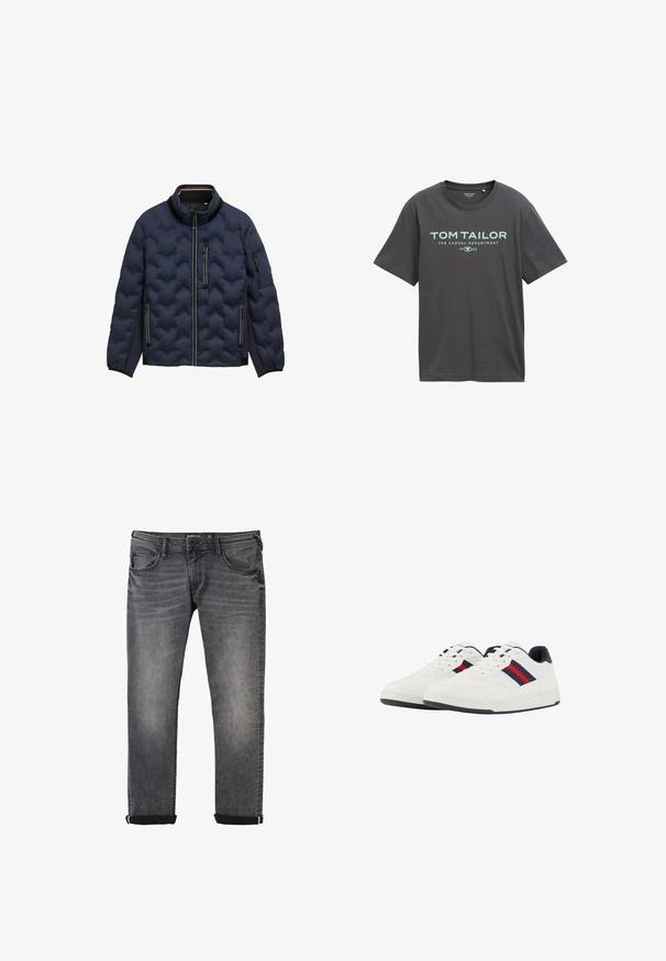 Marineblauwe gewatteerde jas met hoge kraag, voorrits, drie met rits sluitbare zakken en elastische manchetten op een witte achtergrond.; Donkergrijze katoenen t-shirt met korte mouwen, ronde halslijn en tealkleurige opdruk met de tekst "TOM TAILOR" en "THE CASUAL DEPARTMENT."; Grijze denimjeans met een recht gesneden ontwerp, voorzien van een klassieke vijf-pocket stijl, opgerolde zoom en subtiele vervaging op de stof.; TOM TAILOR Sneakers laag - white navy