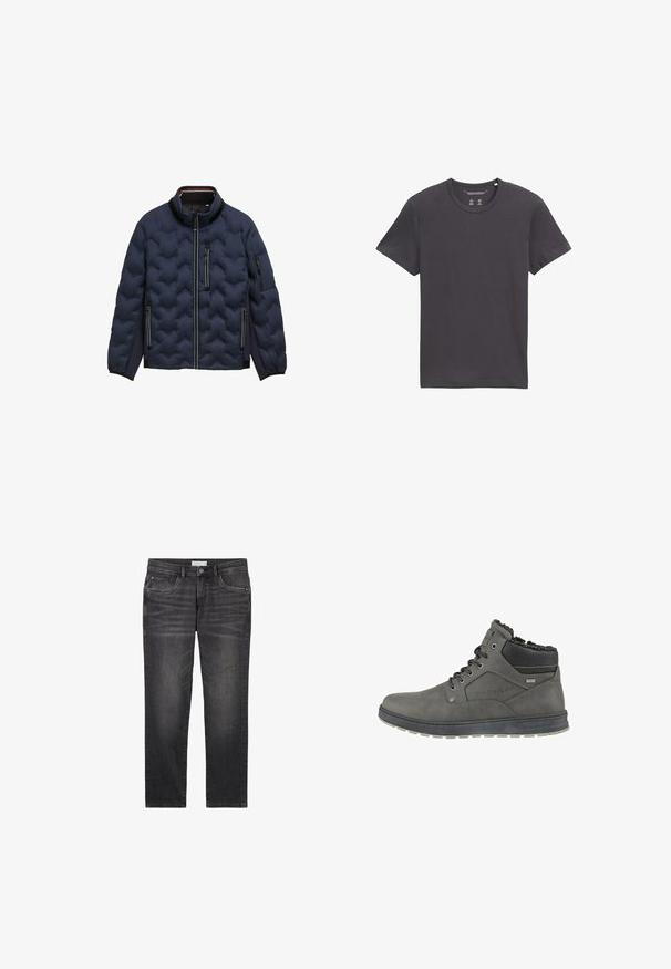 Marineblaue gesteppte Jacke mit hohem Kragen, Frontreißverschluss, drei Reißverschluss-Taschen und elastischen Bündchen auf weißem Hintergrund.; Dunkelgraues Kurzarm-T-Shirt aus weichem Stoff. Mit Rundhalsausschnitt und geradem Saum, ohne sichtbare Muster oder Akzente.; Dunkelgraue Jeans aus Denim mit geradem Bein Design, vorderen Taschen und Knopfverschluss. Verfügt über dezentes Ausbleichen und Nähakzente.; Herren-Ankle Boots in Grau aus Leder mit einem gefütterten Kragen aus Fell, dekorativen Nähten und einer strukturierten Gummisohle.