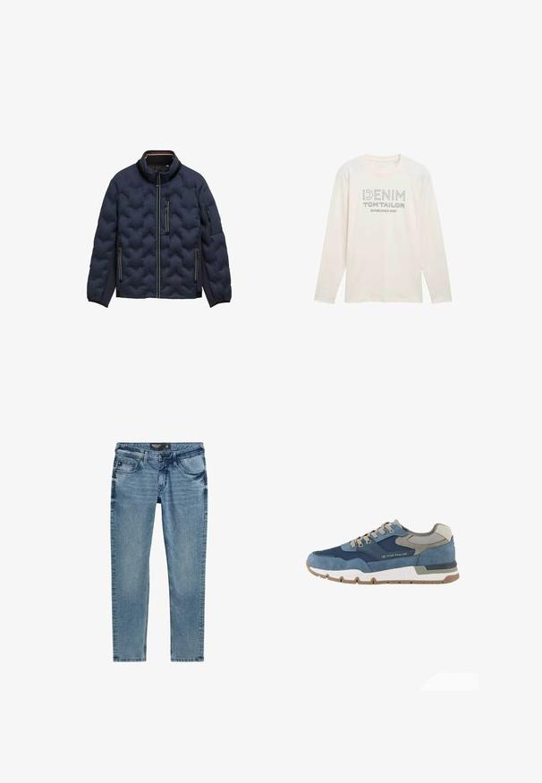 Marineblaue gesteppte Jacke mit hohem Kragen, Frontreißverschluss, drei Reißverschluss-Taschen und elastischen Bündchen auf weißem Hintergrund.; Hellbeige Langarmshirt mit Rundhalsausschnitt, auf dem ein graues Logo mit der Aufschrift "DENIM TOM TAILOR ESTABLISHED 2007" gedruckt ist.; Hellblaue Denim-Jeans mit schlanker Passform, ausgestattet mit fünf Taschen, einem Reißverschluss und Ziernähten entlang der Nähte.; TOM TAILOR LICENCE SNEAKER MIT -BLOCKING - Sneaker low - navy