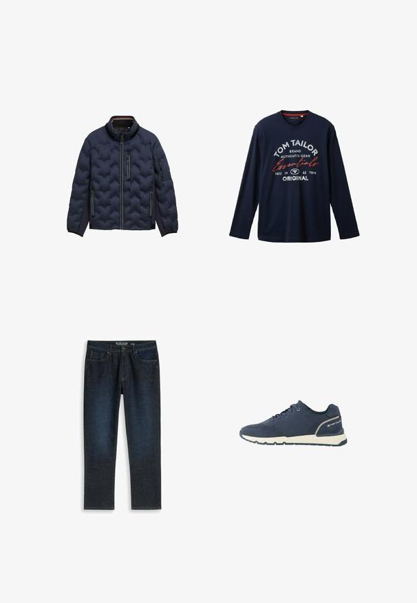 Chaqueta acolchada de color azul marino con cuello alto, cremallera frontal, tres bolsillos con cremallera y puños elásticos sobre un fondo blanco.; TOM TAILOR T-SHIRT LANGARMSHIRT MIT LOGO PRINT - Camiseta de manga larga - sky captain blue; Vaqueros de color azul oscuro con corte relajado, bolsillos delanteros y cierre con botón, talla 31 por 32, de la marca Tom Tailor.; Zapatilla deportiva azul marino con parte superior de malla, suela blanca, suela exterior negra y logo "Tom Tailor" en el contrafuerte del talón.
