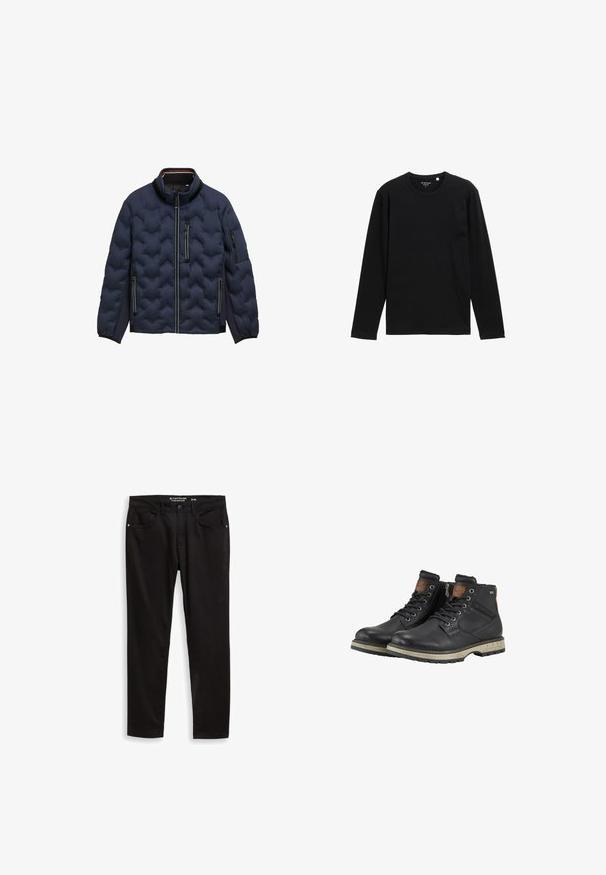 Marineblaue gesteppte Jacke mit hohem Kragen, Frontreißverschluss, drei Reißverschluss-Taschen und elastischen Bündchen auf weißem Hintergrund.; Schwarzes langärmliges T-Shirt aus Rippstoff, mit Rundhalsausschnitt und lässiger Passform, ohne zusätzliche Muster oder Verzierungen.; Schwarze Denim-Hosen mit regulärer Passform, ausgestattet mit fünf Taschen, einem Knopfverschluss und feinen Steppnähten. Glatte Textur.; Schwarze, schnürbare Stiefeletten aus Leder mit beigen Gummisohlen, seitlichem Reißverschluss und braunen Akzenten an Kragen und Zunge.