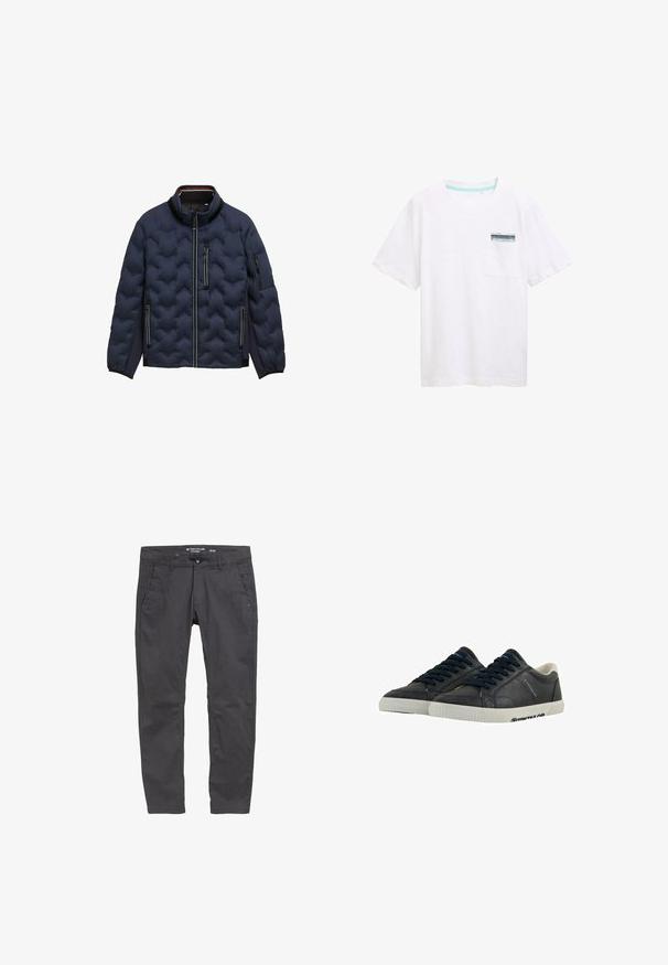 Mørkeblå quilted jakke med høj krave, frontlynlås, tre lynlåslommer og elastiske manchetter på en hvid baggrund.; Hvid bomulds t-shirt med korte ærmer, med en lomme med en blå og hvid label. Glat tekstur og afslappet pasform.; Grå bomuldsbukser med lige snit, forlommer og knaplukning. Har diskret branding og en glat tekstur.; Marine læder sneakers med hvide gummisåler, rund tå og sorte snørebånd. Subtile teksturer og branding på siderne. Casual design.