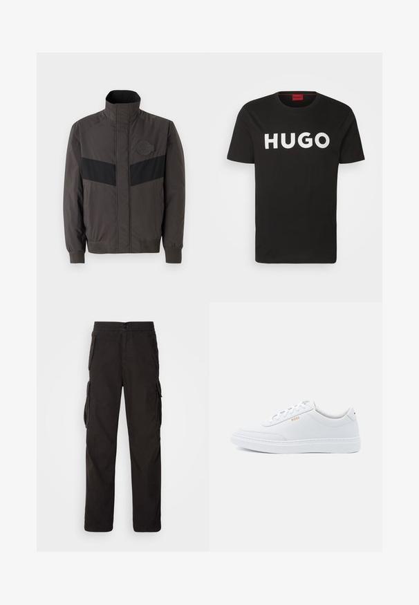 Herrejakke i mørkegrå med sort vandret streg, højt krave, elastiske manchetter og logo-patch på brystet, lavet af glat, let stof.; Sort bomulds T-shirt med rund hals og korte ærmer, prydet med et fremtrædende hvidt "HUGO" logo på fronten.; Sorte cargobukser med lige pasform, elastisk talje, flere sidelommer og et struktureret stof for holdbarhed.; Hvide lædersneakers med glat tekstur, rund tå og ton-i-ton syning. Har blå snørebånd og et gult logo på siden.