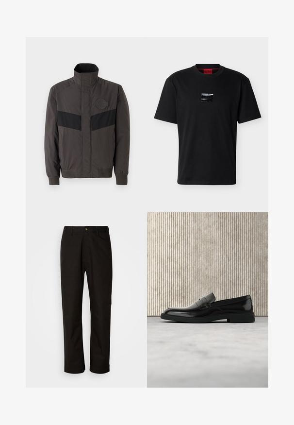 Herrejakke i mørkegrå med sort vandret streg, højt krave, elastiske manchetter og logo-patch på brystet, lavet af glat, let stof.; Sort T-shirt med korte ærmer, med en lille skinnende sort firkantet logo-patch centreret på brystet og en rød indvendig kraveetiket.; Sorte bomuldsbukser med lige pasform, bæltestropper, lynlås foran og en enkelt knappelukning. Glat tekstur uden synlige mønstre.; Sort poleret læderloafer flydende over beige tæppe med orange gennemsigtigt møbel i baggrunden.