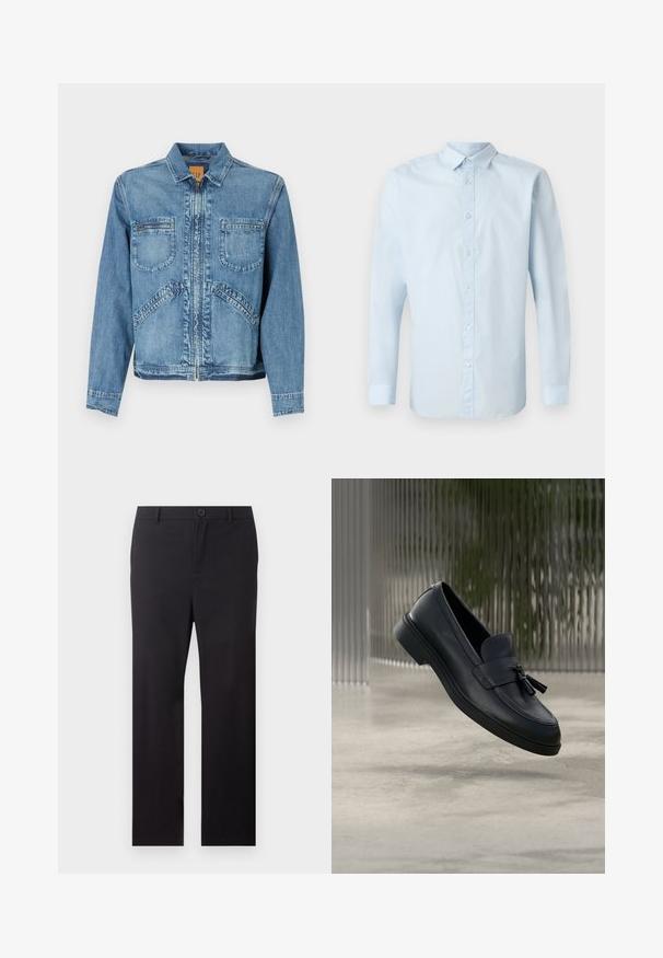 Denimjakke i lys blå med kravehalsudskæring, lynlås lukning, to frontlommer på brystet og skrå sidelommer; struktureret pasform.; Lys blå langærmet skjorte lavet af glat stof, med knaplukning fortil, almindelig krave og knaplukning ved håndleddene.; Sorte bukser med lige ben, bærestropper og frontknaplukning på hvid baggrund.; Sorte læderloafers med en glat tekstur, en rundet tå og dekorative kvaster foran. Fleksibel gummisål med lav hæl.