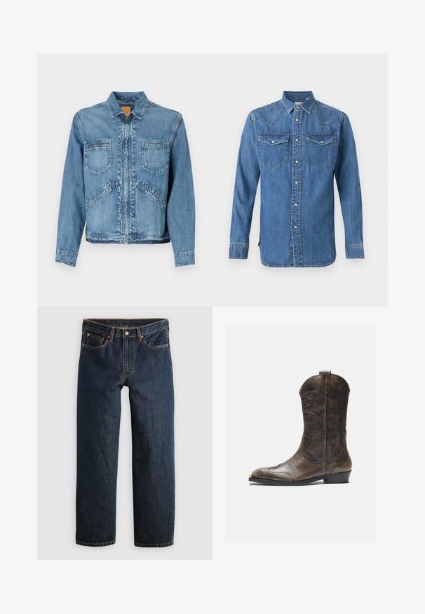 Veste en denim bleu clair avec un col, fermeture éclair, deux poches poitrine à l'avant et poches latérales inclinées ; coupe structurée.; Chemise en denim bleu à manches longues avec fermeture à boutons sur le devant, col pointu, deux poches poitrine à rabat avec boutons-pression, et détails de coutures visibles.; Jean en denim bleu foncé avec une coupe droite. Comprend cinq poches, des surpiqûres contrastantes et une fermeture à bouton à la taille.; Botte de cow-boy en cuir marron avec un long tige, un bout pointu, des motifs de couture complexes et un petit talon. Finition texturée tout au long.