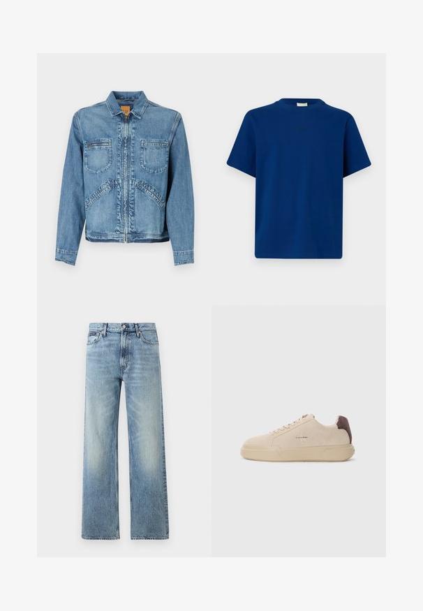 Denimjakke i lys blå med kravehalsudskæring, lynlås lukning, to frontlommer på brystet og skrå sidelommer; struktureret pasform.; Ensfarvet blå T-shirt med korte ærmer, rund hals og et diskret lille logotekst centralt på brystet mod en ensfarvet baggrund.; Lyseblå denim jeans med lige ben, højt talje, fem lommer, knaplukning og diskrete falmede områder på lår og knæ.; Beige ruskind sneakers med rund tå, snørret foran og en brun ruskindsdetalje på hælen. Har en tekstureret gummisål.