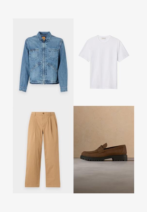 Denimjakke i lys blå med kravehalsudskæring, lynlås lukning, to frontlommer på brystet og skrå sidelommer; struktureret pasform.; Hvidt ensfarvet T-shirt med korte ærmer og rund hals, med lille præget logo på venstre bryst og mærke indeni kraven.; Lysebrune bukser med lige ben, forplisseringer foran, bæltestropper og knaplukning ved taljen mod en ensfarvet baggrund.; Mørkebrune læderloafer med tyk sort gummisål vist over en beige tæppe- og sofa baggrund.
