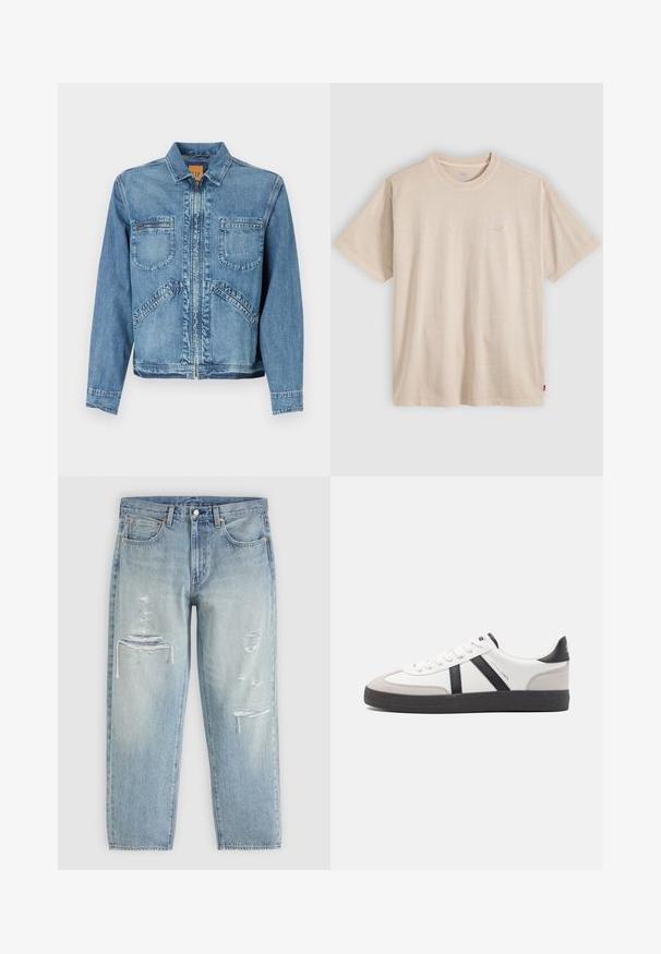 Denimjakke i lys blå med kravehalsudskæring, lynlås lukning, to frontlommer på brystet og skrå sidelommer; struktureret pasform.; Beige T-shirt med korte ærmer og rund hals, med subtilt Levi’s-logo på brystet og lille rødt mærke på sidesømmen.; Lyseblå denimjeans med en afslappet pasform og slidte, revnede detaljer på lårene og knæene, med forlommer og knaplukning.; Hvide sneakers med sorte og grå detaljer, med en tekstureret grå tåhætte, sort gummisål og flade hvide snørebånd. Rent design, minimalistisk stil.