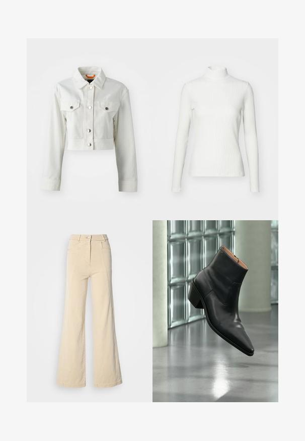 Veste en denim blanche courte avec des boutons métalliques, deux poches poitrine et un col classique. Texture lisse et coupe cintrée.; Haut col roulé blanc à côtes avec des manches longues, fabriqué en tissu extensible. Présente un design ajusté et un encolure haute pour plus de couverture.; Jeans beige à jambes larges avec taille haute, poches avant, et couture contrastée, dotés d'une fermeture à bouton et d'une texture en coton lisse.; Bottine en cuir noir avec un bout pointu et un talon carré lévitant au-dessus d'un sol gris réfléchissant près d'un mur en blocs de verre.
