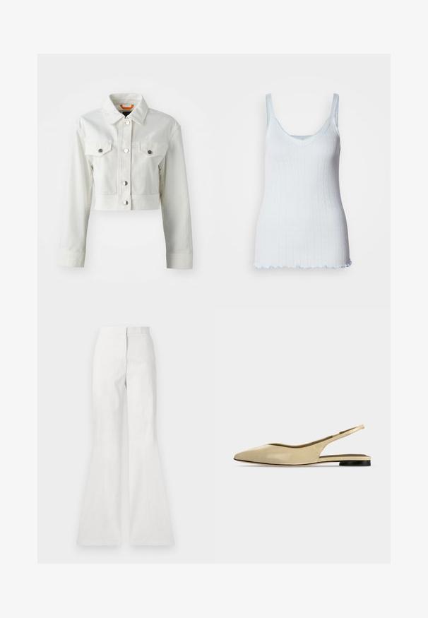 Veste en denim blanche courte avec des boutons métalliques, deux poches poitrine et un col classique. Texture lisse et coupe cintrée.; Débardeur bleu clair en tissu texturé avec décolleté en cœur, fines bretelles et ourlet festonné. Présente un motif en forme de cœur sur l'ensemble.; Pantalon blanc évasé en tissu léger, présentant une texture lisse, un détail de couture à l'avant et une taille ajustée.; Chaussure plate beige à bout pointu avec bride arrière, petit talon noir et finition en cuir lisse, vue de côté sur un fond uni.