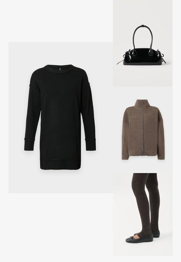 Brun fleecejakke med høj krave, lynlås og struktureret overflade. Har lange ærmer og et afslappet fit design.; Lang sort strikket sweater med ribbede manchetter og kant, rund hals, og sænkede skuldersømme på en lys grå baggrund.; Ben iført mørke ribbede leggings kombineret med sorte balletsko med små sløjfedetaljer på hvid baggrund.; Lille sort blank håndtaske med to lange håndtag og snøre-detaljer i siden på en ensfarvet lys baggrund.