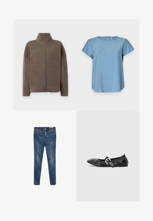 Veste en polaire marron avec un col haut, fermeture à glissière et surface texturée. Comprend des manches longues et une coupe décontractée.; Haut bleu clair à manches courtes avec un col rond, fabriqué en tissu lisse, présentant un léger éclat et une fermeture à l'arrière en forme de clé.; Jean skinny en denim bleu foncé avec taille moyenne, cinq poches et un léger délavage. Fermeture avec bouton et zip.; Chaussure plate en cuir noir avec un nez pointu, des détails froncés autour de l'ouverture et un accent en boucle argentée sur la bride ajustable.