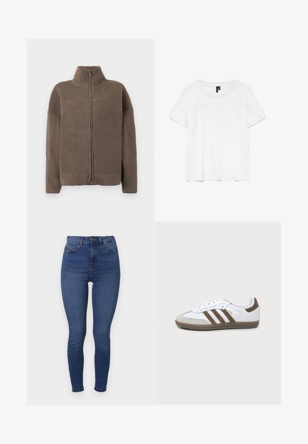 Veste en polaire marron avec un col haut, fermeture à glissière et surface texturée. Comprend des manches longues et une coupe décontractée.; T-shirt blanc à manches courtes avec un col rond, fabriqué en tissu léger. Design simple, texture lisse et ourlet droit.; Jean skinny en denim bleu moyen avec un design classique à cinq poches, un léger effet délavé et une fermeture éclair. Texture douce et coupe ajustée.; Basket Adidas Samba blanche et marron avec trois bandes marron, lacets et semelle texturée, vue de côté sur fond uni.
