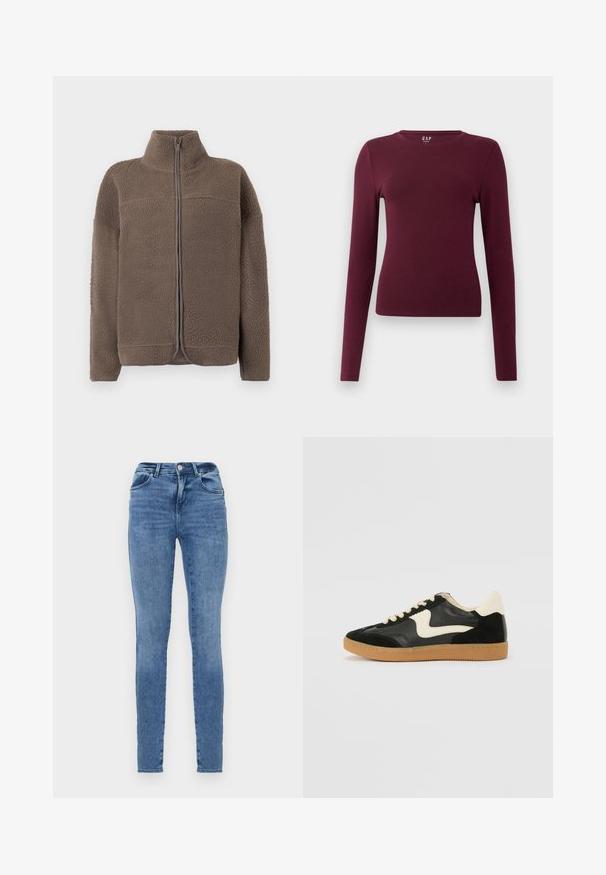 Brun fleecejakke med høj krave, lynlås og struktureret overflade. Har lange ærmer og et afslappet fit design.; Langærmet, bordeaux fitted crew neck skjorte med enkelt design og ingen synlige mønstre eller logoer, vist på hvid baggrund.; Slanke jeans lavet af lyseblå denim med et klassisk design. Har fem lommer, bæltestropper og en subtil falmet tekstur.; Sorte ruskinds- og lædersneakers med en cremefarvet side-swoosh og lys cremefarvet hæl. Har beige snørebånd og en gummirubber-sål.