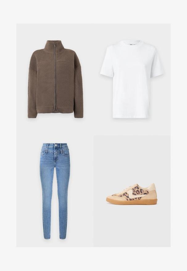 Brun fleecejakke med høj krave, lynlås og struktureret overflade. Har lange ærmer og et afslappet fit design.; Hvid bomulds T-shirt med rund hals, kortærmet og en glat tekstur. Designet med en afslappet pasform for komfort og alsidighed.; Smaltsiddende jeans i lyseblåt denim med høj talje, to forlommer og lynlåslukning. Har en glat tekstur og subtil falmning.; Leopardprint sneakers med beige ruskindsoverdel, tan gummisål og hvide detaljer. Rund pegefinger og snørebåndsdesign med en tekstureret finish.