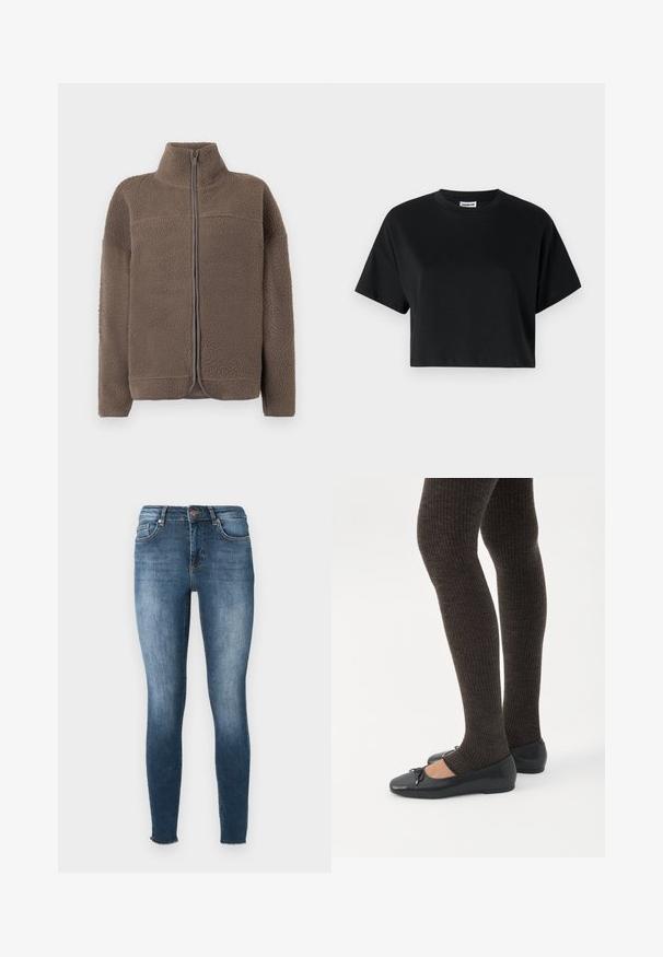 Brun fleecejakke med høj krave, lynlås og struktureret overflade. Har lange ærmer og et afslappet fit design.; Sort cropped t-shirt med korte ærmer, rund halsudskæring, lavet af glat bomuldsstof, med minimalistisk design og subtile syninger.; Slank jeans i mørkeblå denim. Har en mid-rise talje, fem-lomme design og diskret falmning. Nederste kant har en rå kantfinish.; Ben iført mørke ribbede leggings kombineret med sorte balletsko med små sløjfedetaljer på hvid baggrund.